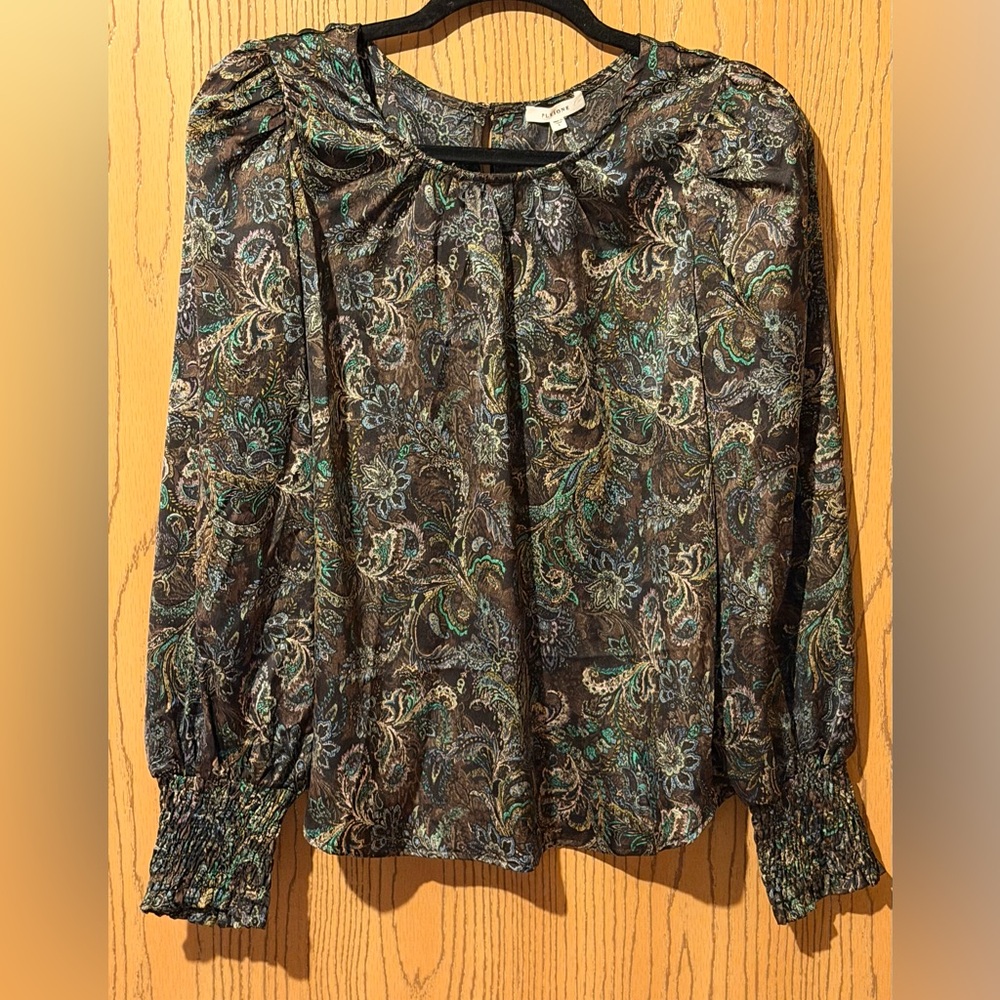 Pleione Paisley Print Blouse in Black and Green